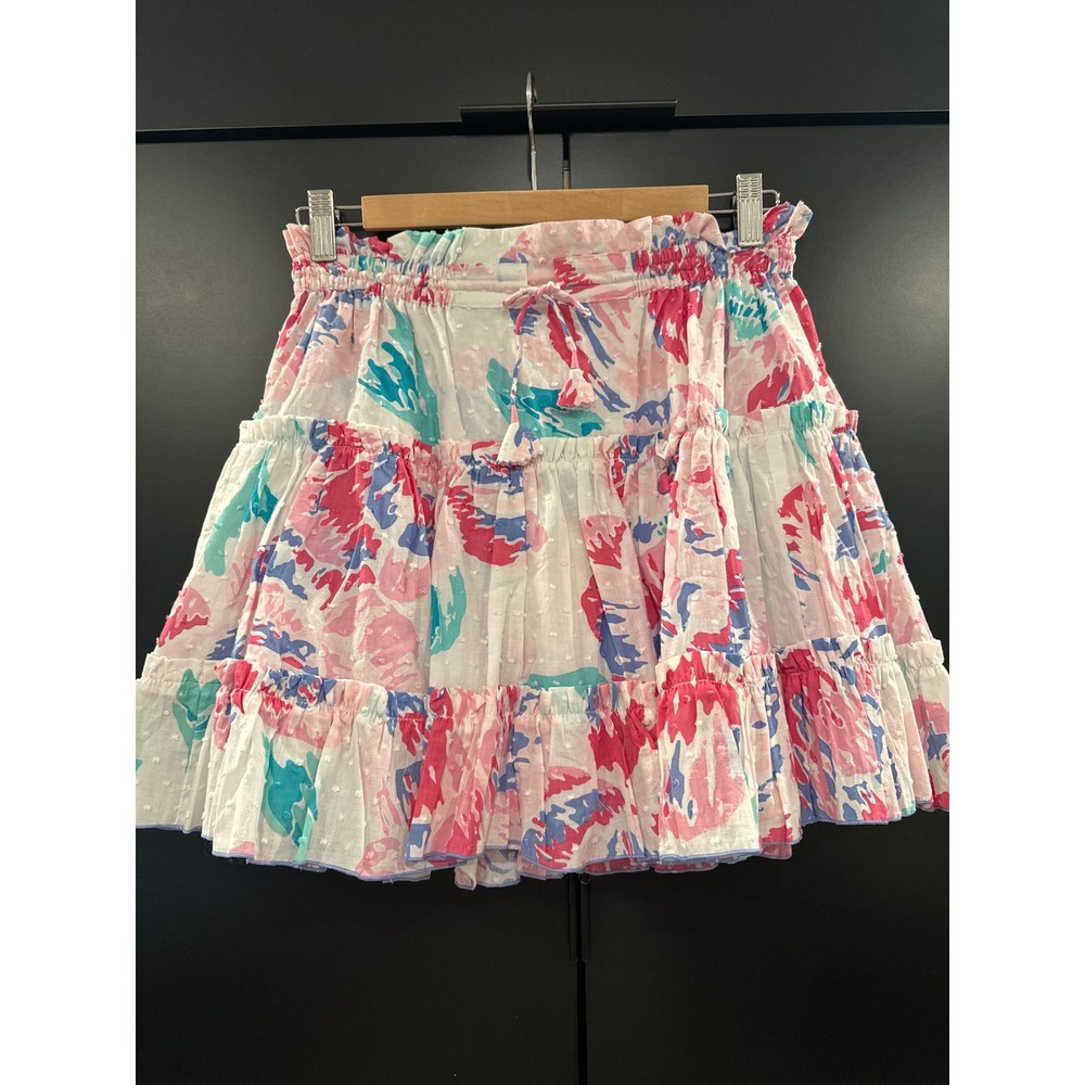 Poupette St Barth Pink Blue Abstract Swiss Dot Tiered Mini Skirt AS-329758 NWT M